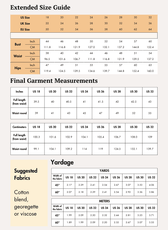 Extended size guide for women's skirts with bust, waist, and hip measurements in inches and centimeters