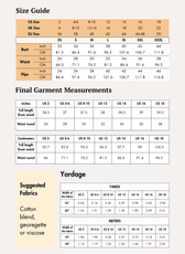 Size guide chart for women's skirts with measurements and fabric yardage details