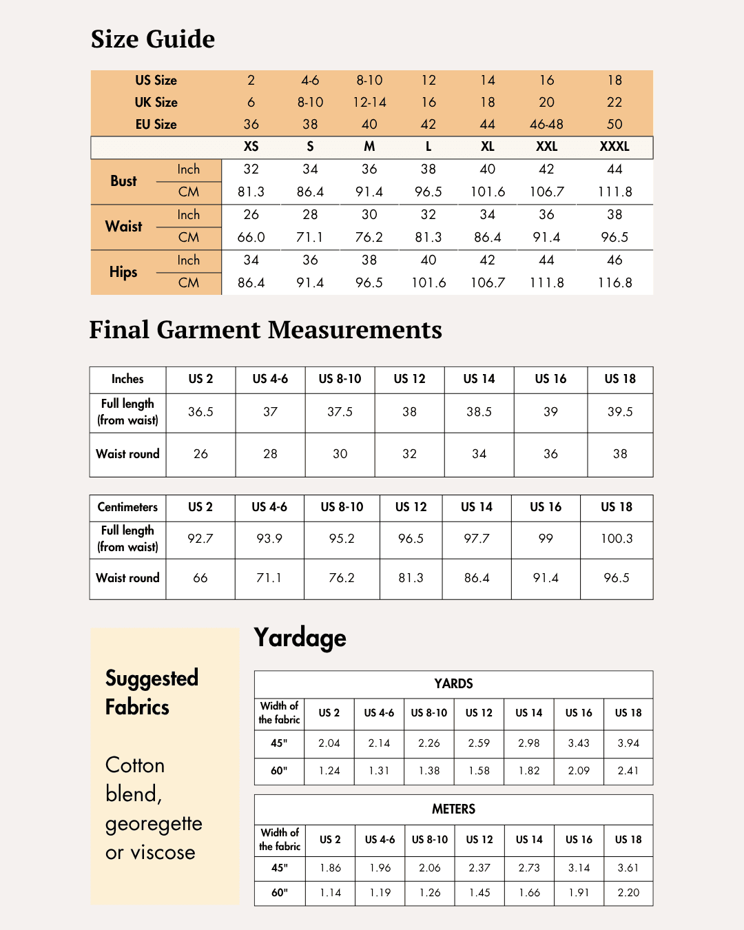 Size guide chart for women's skirts with measurements and fabric yardage details