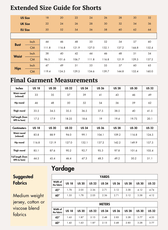 Extended size guide for shorts with bust, waist, hips, and sewing pattern details