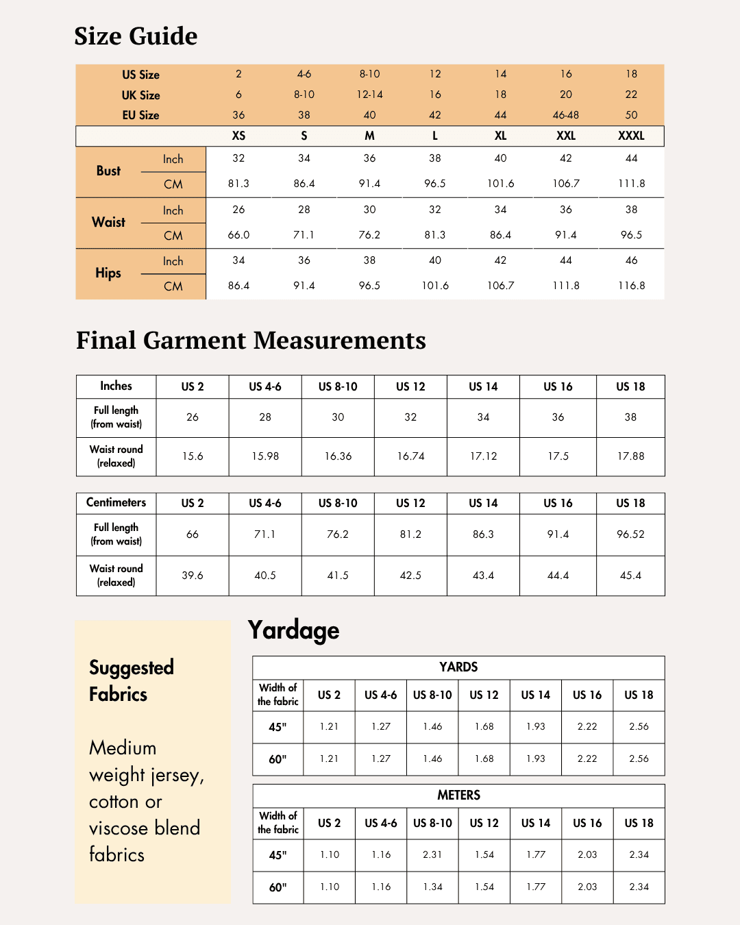 Size Chart Drawstring Shorts Women's PDF Woven Sewing Pattern highlights