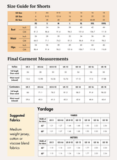 Size guide for shorts with waist, hips, and full garment measurements in inches and centimeters