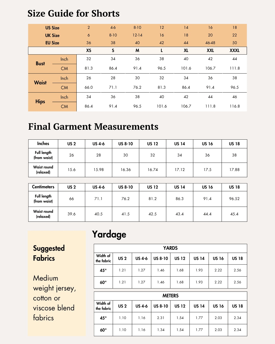 Size guide for shorts with waist, hips, and full garment measurements in inches and centimeters