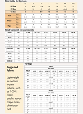 Size guide for women's bottom with measurements for various sizes from sewing pattern 'Mary'