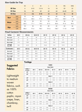 Size guide for women's crop top from sewing pattern 'Mary' with detailed measurements