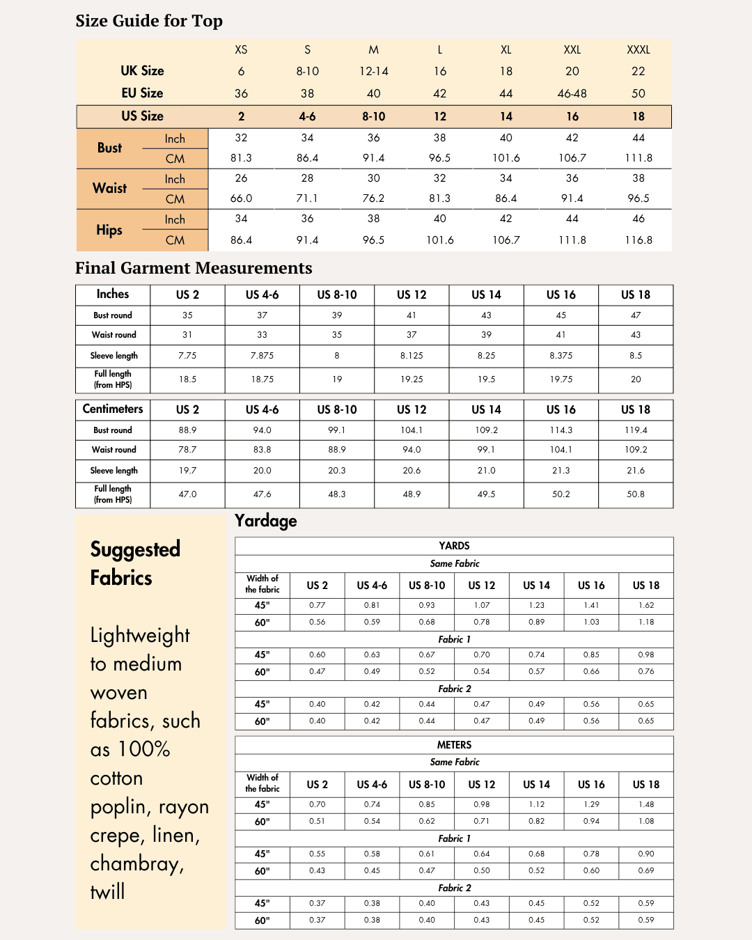 Size guide for women's crop top from sewing pattern 'Mary' with detailed measurements