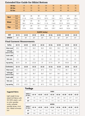 Extended size guide for women's bikini bottom with measurements and fabric details