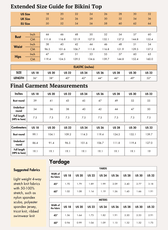 Extended size guide for women's bikini top with measurements and fabric details