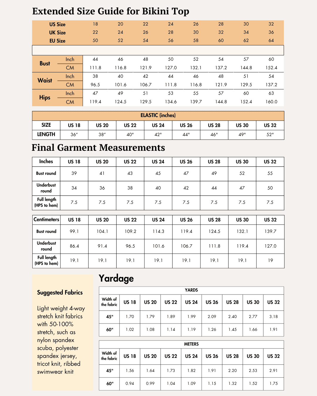 Extended size guide for women's bikini top with measurements and fabric details
