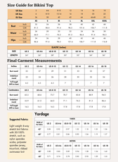 Size guide for women's PDF swimwear bikini top with measurements and fabric info