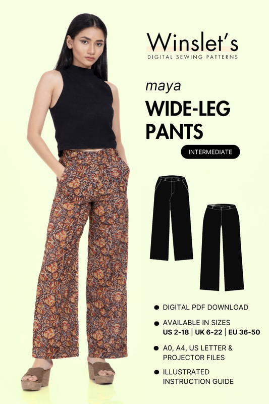 Maya wide-leg pants sewing pattern with high-waisted fit. Digital PDF download with illustrated instructions, available in multiple sizes.