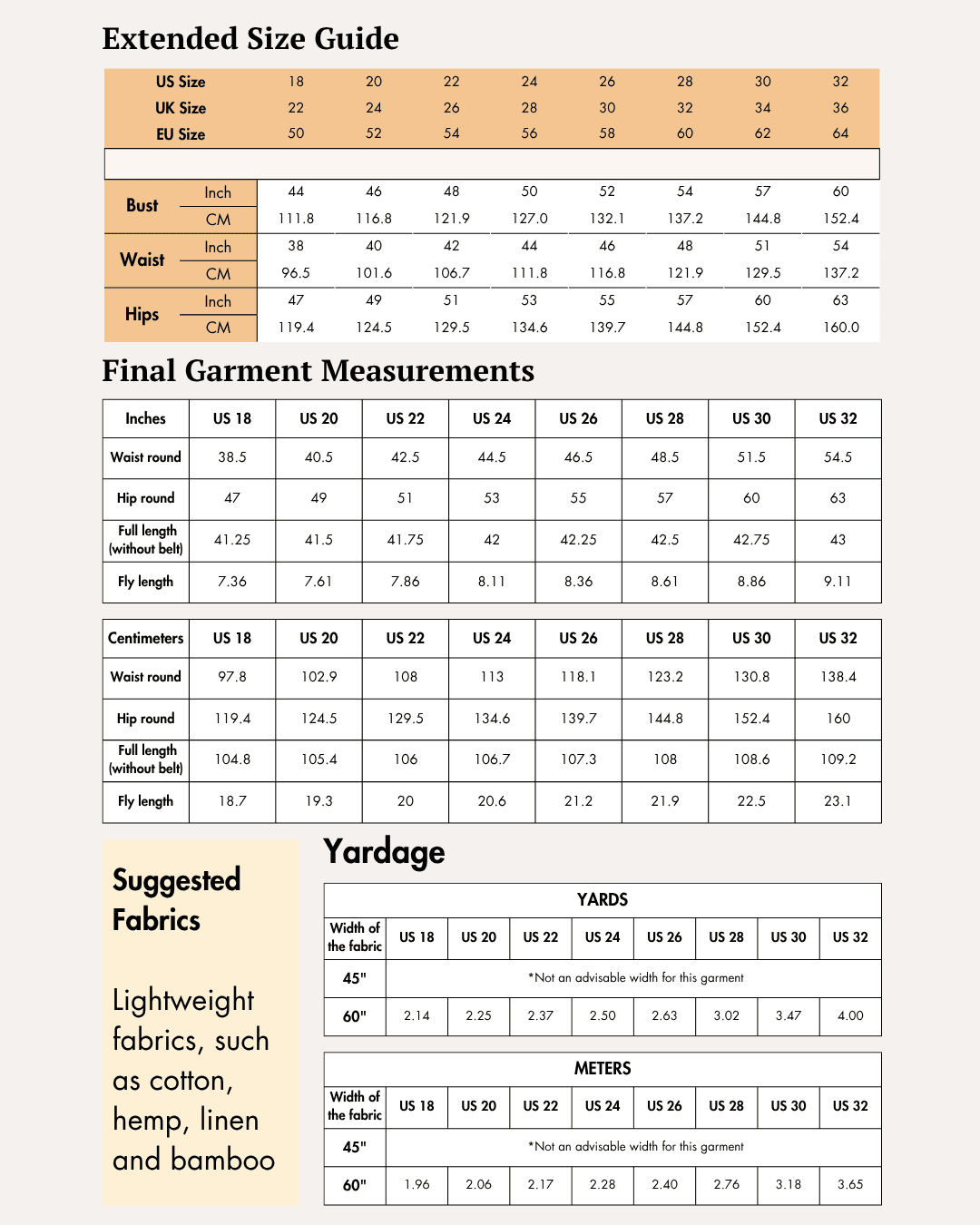Extended Size guide chart for women's wide leg pants sewing pattern
