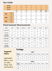 Size guide chart for women's wide leg pants sewing pattern