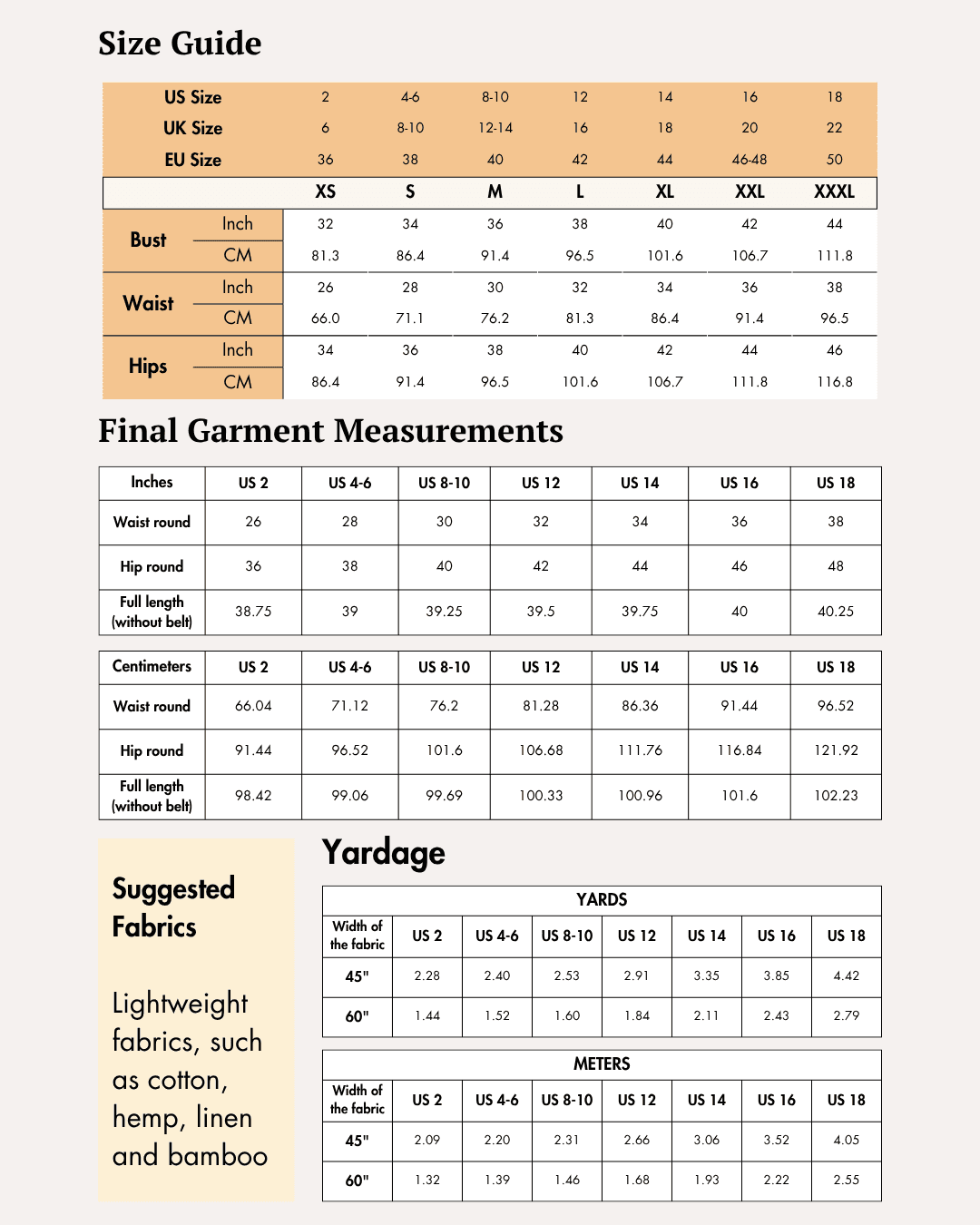 Size guide chart for women's wide leg pants sewing pattern