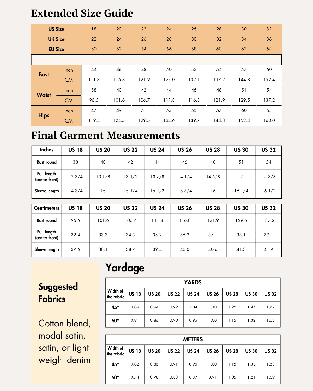 Extended size guide for women's off-shoulder crop top sewing pattern
