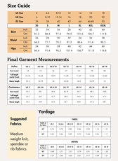 Size guide and measurement chart for women's off-shoulder crop top sewing pattern