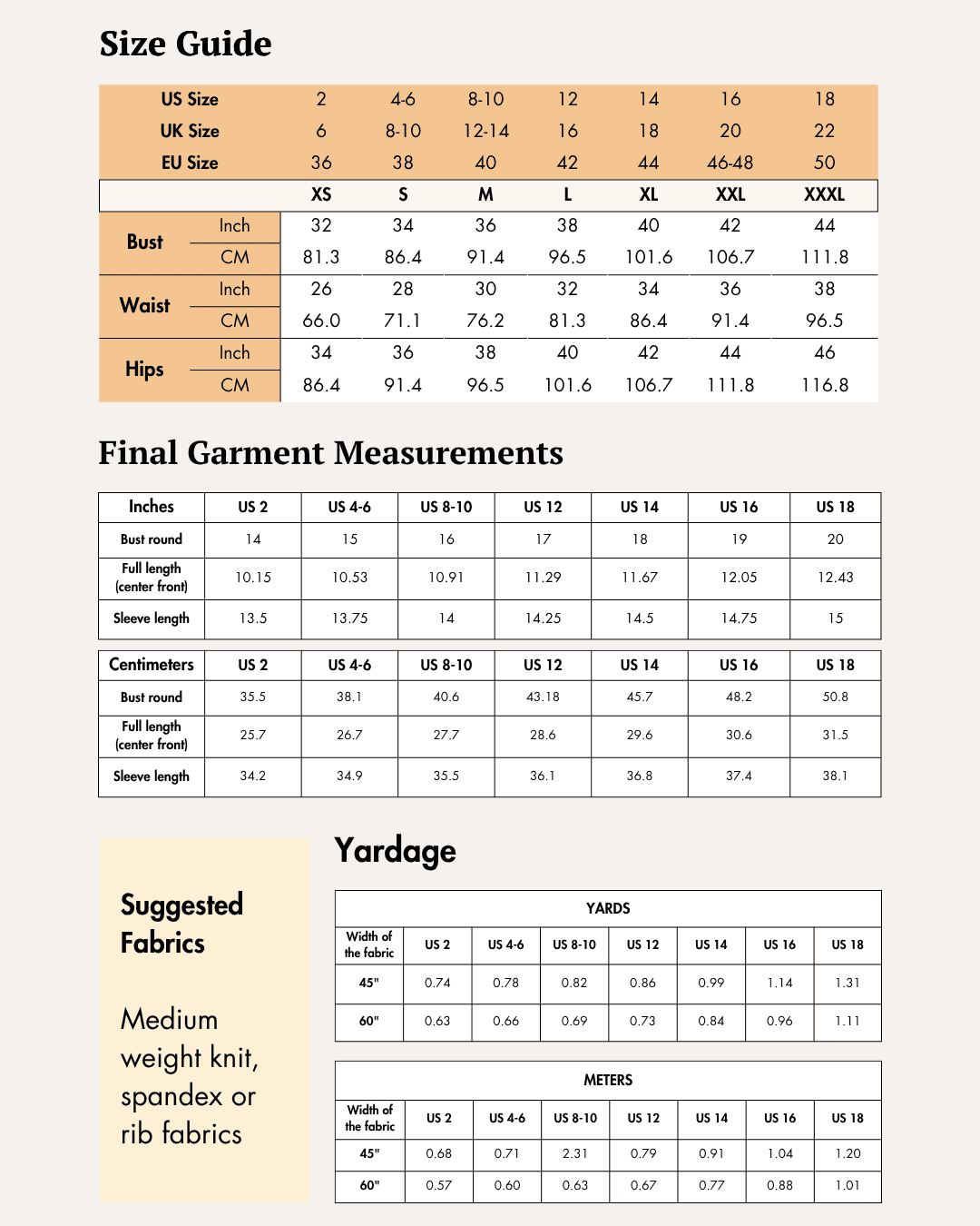 Size guide and measurement chart for women's off-shoulder crop top sewing pattern
