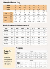Size guide chart for off-shoulder top, detailed measurements in inches and centimeters