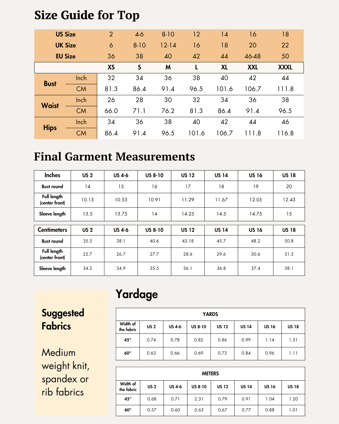 Size guide chart for off-shoulder top, detailed measurements in inches and centimeters