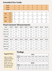 Extended size guide for women's pants with bust, waist, hips measurements in inches and centimeters, and garment measurements in inches and centimeters