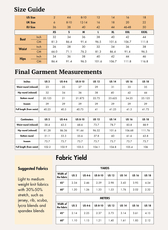 Size guide and sewing pattern instructions for women's trousers with detailed measurements