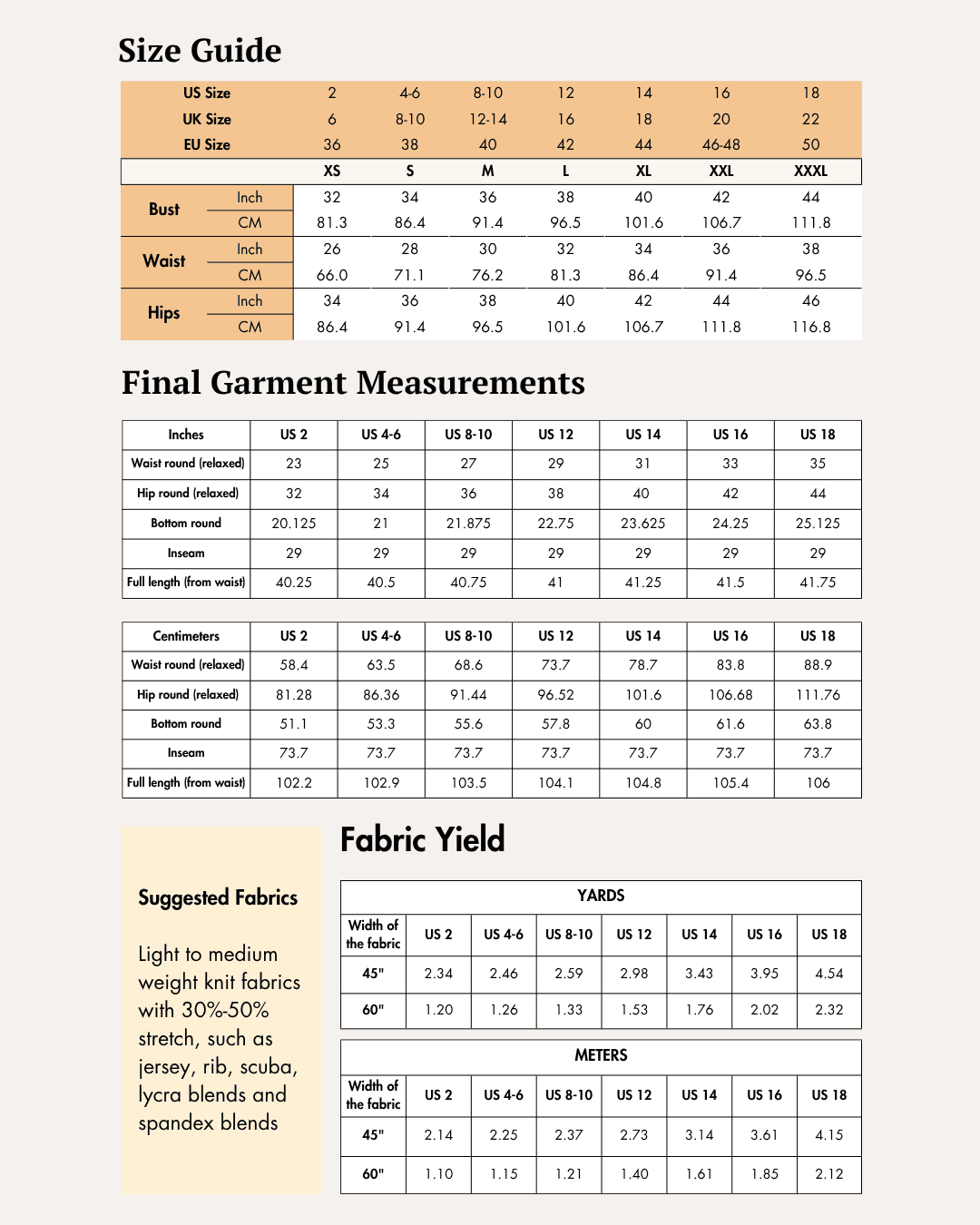 Size guide and sewing pattern instructions for women's trousers with detailed measurements