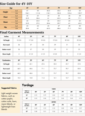 Size guide charts for NB-4Y and 4Y-10Y age groups with measurements in inches and centimeters, including height, chest, waist, hip, and garment measurements, detailed tables