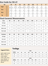 Size guide charts for NB-4Y and 4Y-10Y age groups with measurements in inches and centimeters, including height, chest, waist, hip, and garment measurements, detailed tables