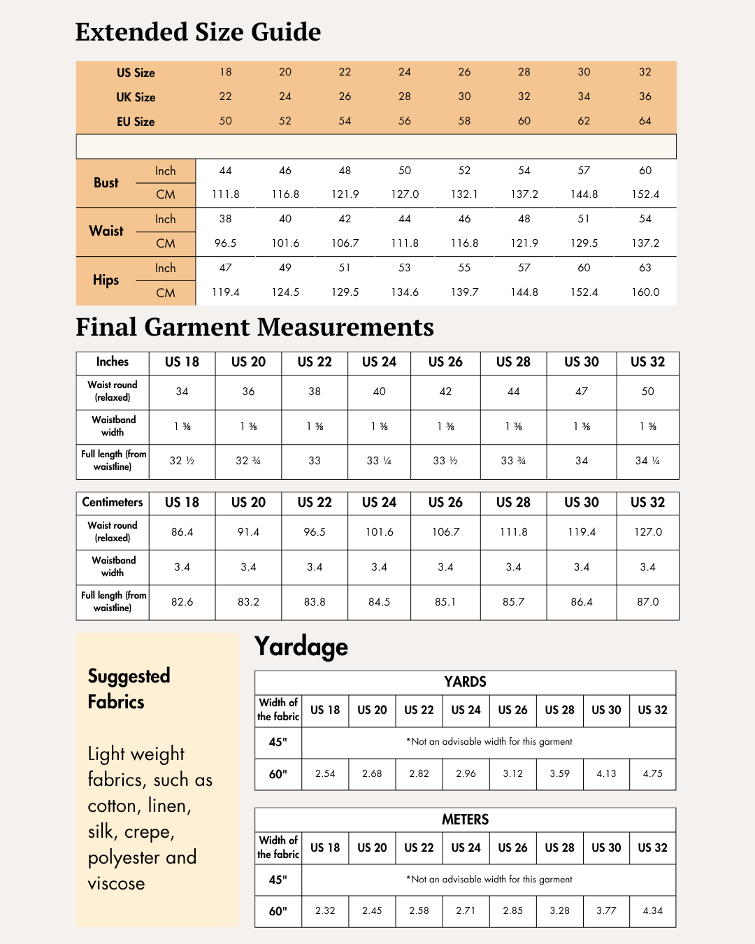 Extended Size guide for women's tiered midi skirt sewing pattern