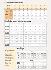 Extended Size guide chart for 'Miley' women's sewing pattern