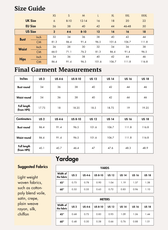 Size guide chart for 'Miley' women's sewing pattern