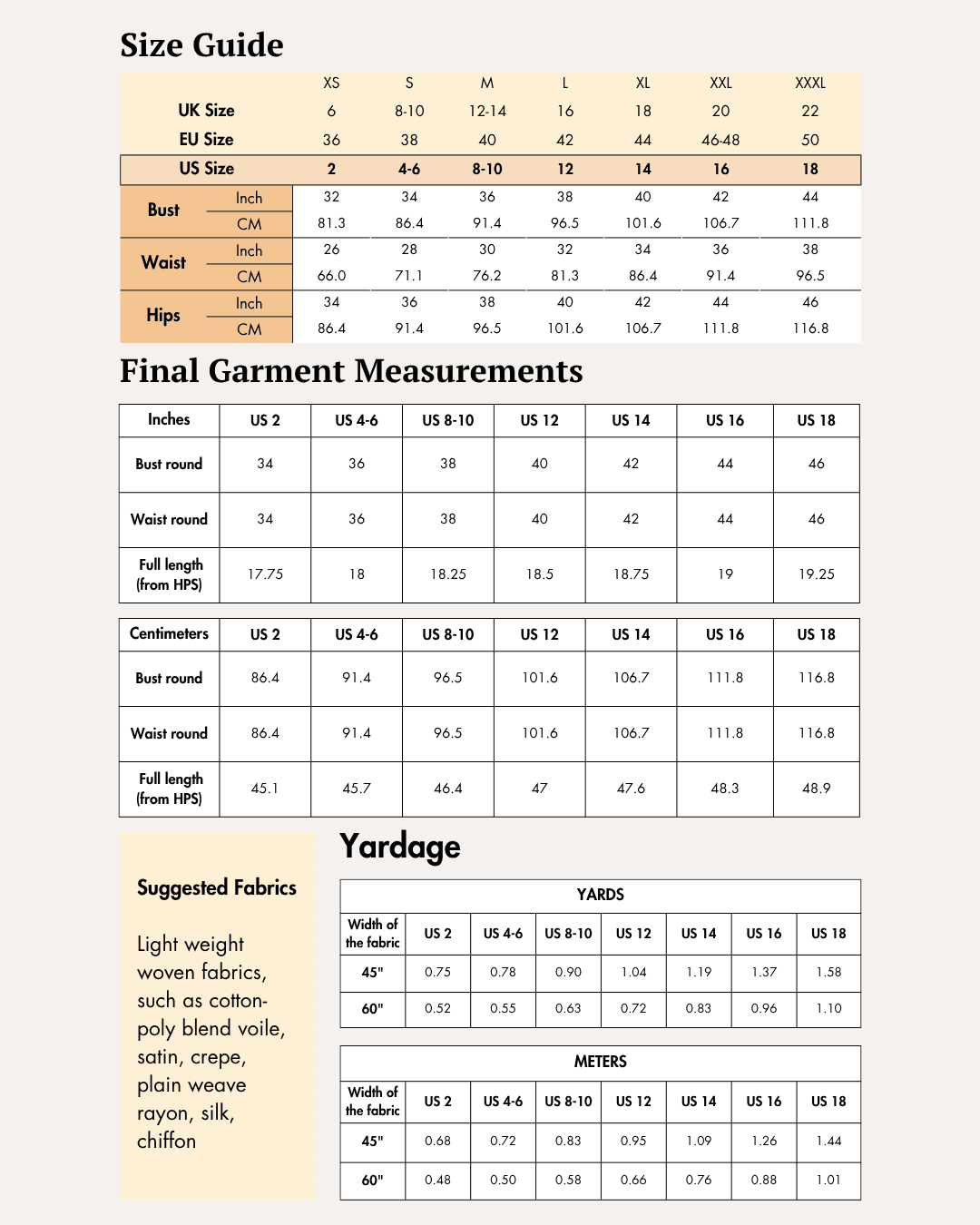 Size guide chart for 'Miley' women's sewing pattern