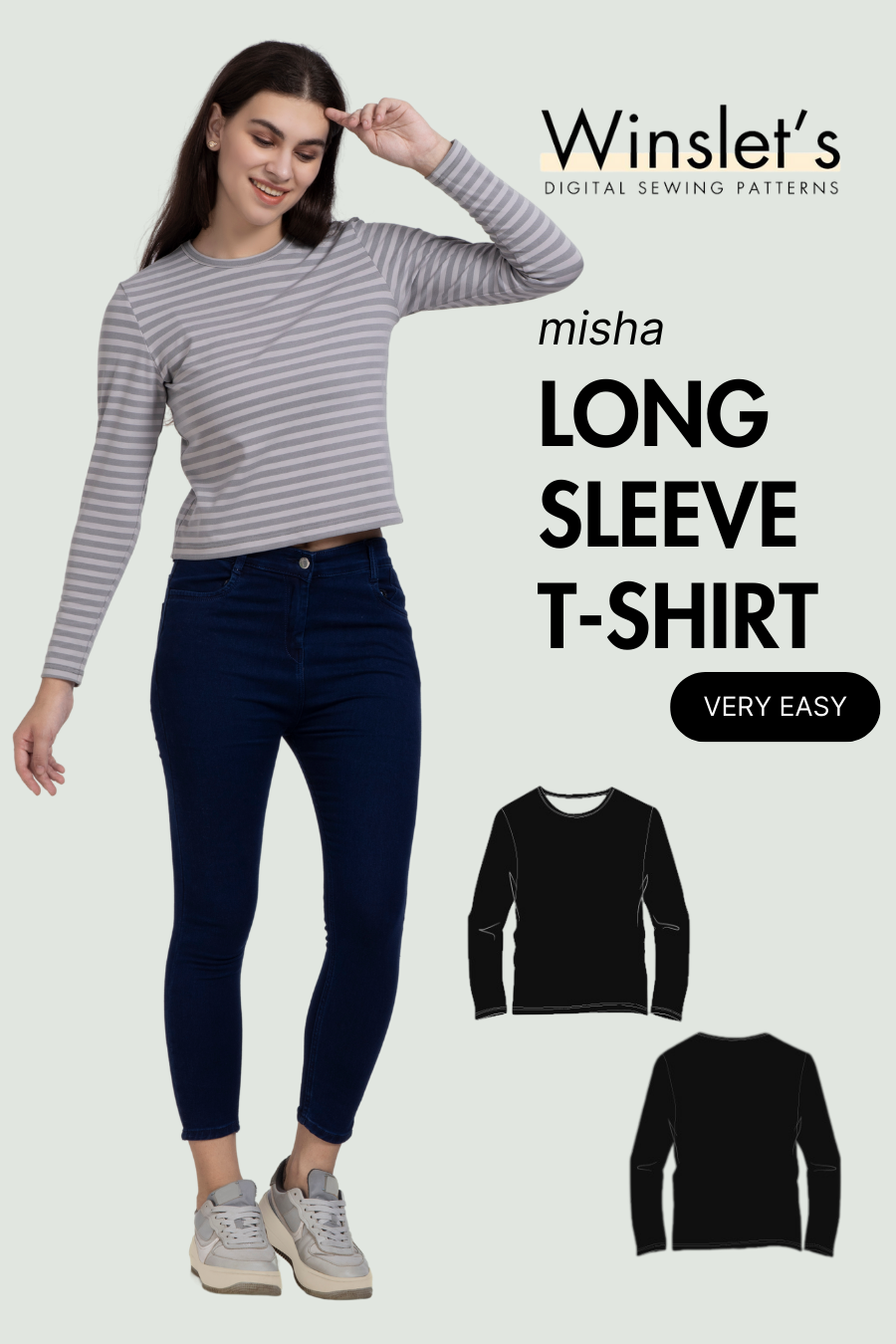 Long Sleeve T-shirt Sewing Pattern 'Misha' PDF for women featuring a round neckline and classic fit, ideal for beginners and knit fabrics.