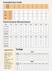 Extended size chart for women's long sleeve T-shirt sewing pattern