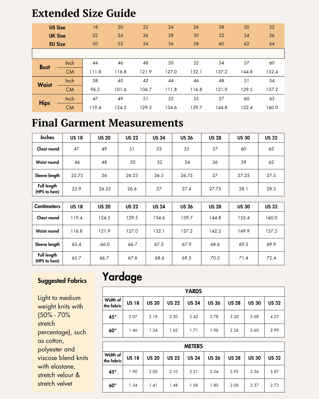 Extended size chart for women's long sleeve T-shirt sewing pattern