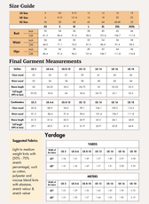 Size guide and detailed sewing instructions for 'Misha' T-shirt pattern