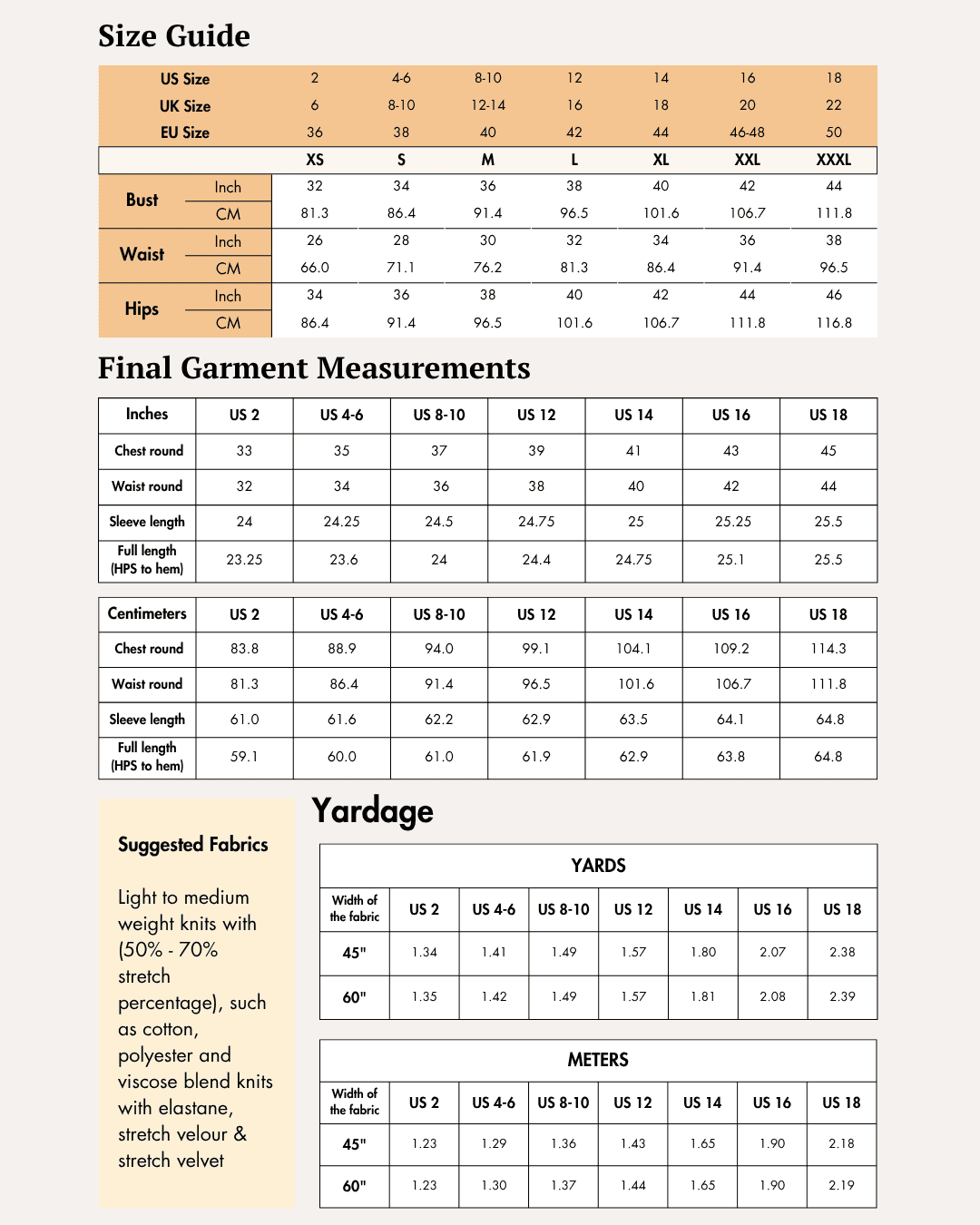 Size guide and detailed sewing instructions for 'Misha' T-shirt pattern