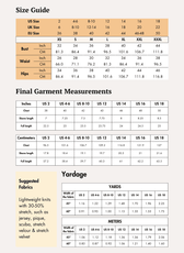 Size guide and measurements for women's V-neck T-shirt sewing pattern, including bust, waist, and hips