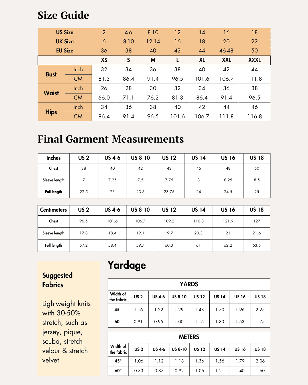 Size guide and measurements for women's V-neck T-shirt sewing pattern, including bust, waist, and hips