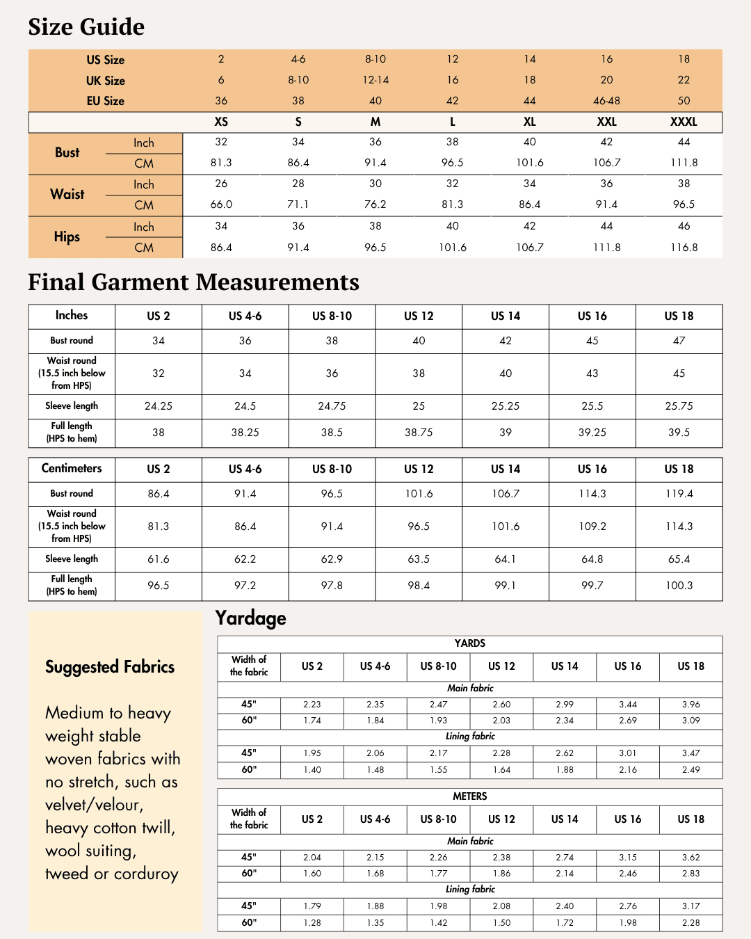 Size guide chart for women's blazer 'Monroe' sewing pattern with measurements