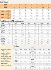 Size guide chart for women's blazer 'Monroe' sewing pattern with measurements