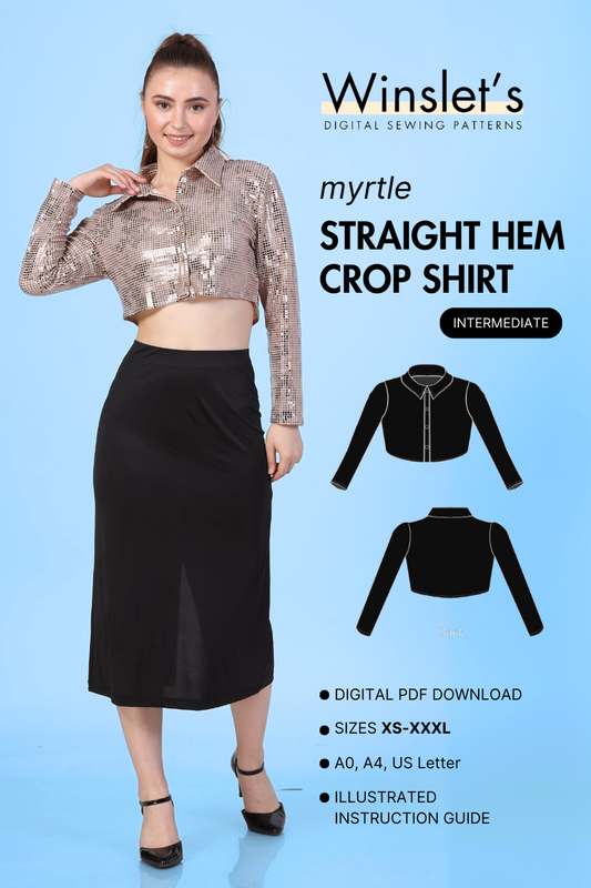Cover image of a model wearing a crop shirt with a straight hem and full-length sleeves, paired with a skirt. 2D image of the sewing pattern