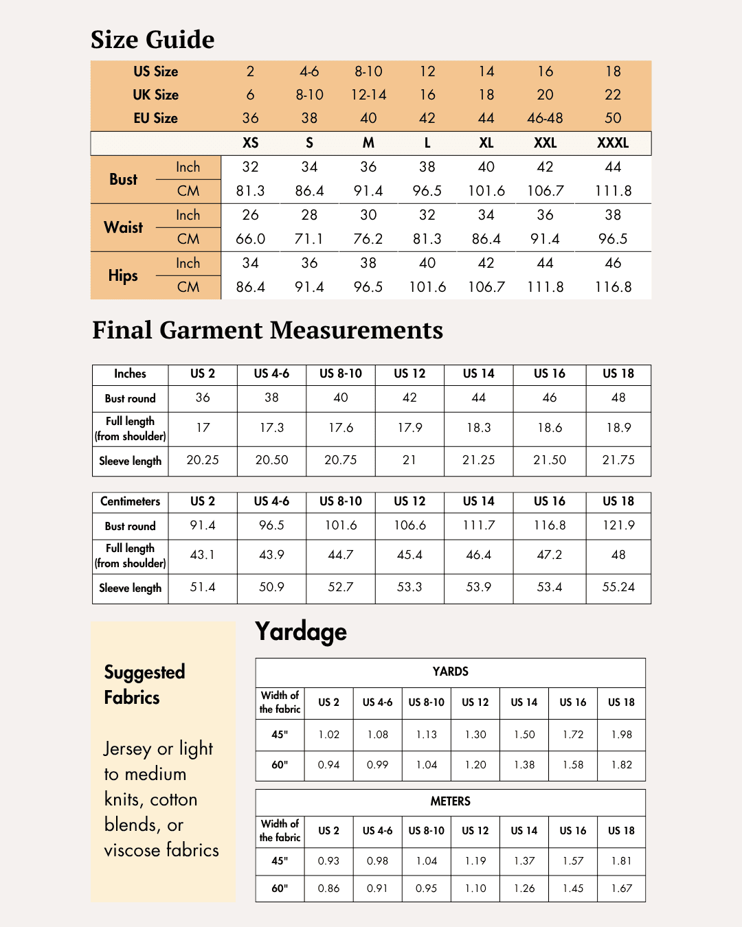 Size guide chart for women's cropped shirt Myrtle sewing pattern with measurements in inches and centimeters