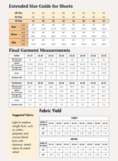 Extended size guide for shorts with bust, waist, and hips measurements in inches and centimeters
