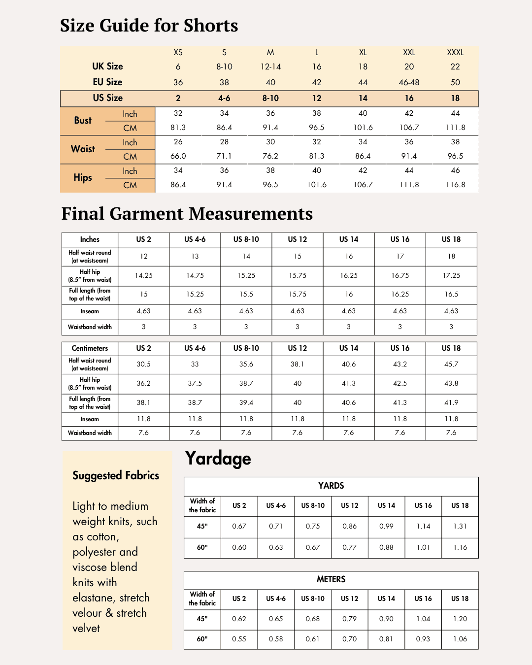 Size guide for athletic shorts with measurements for waist, hips, and garment dimensions