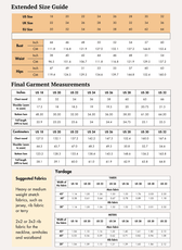 Extended Size guide for 'Nadine' sweater vest pattern with bust, waist, and hip measurements in inches and centimeters, plus fabric suggestions