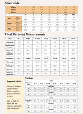 Size guide for 'Nadine' sweater vest pattern with bust, waist, and hip measurements in inches and centimeters, plus fabric suggestions