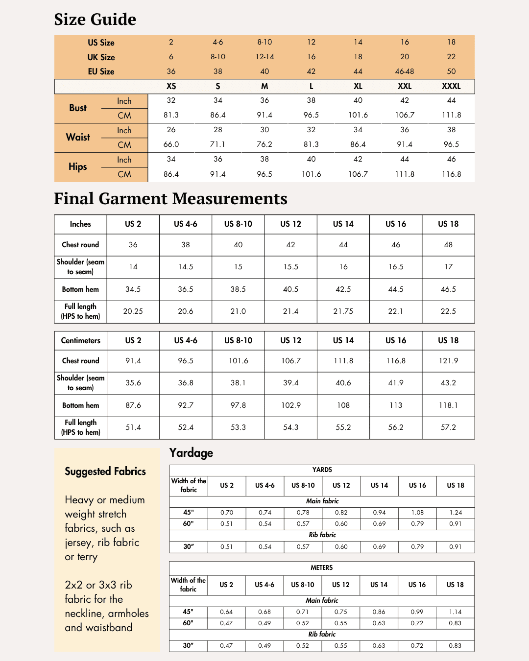 Size guide for 'Nadine' sweater vest pattern with bust, waist, and hip measurements in inches and centimeters, plus fabric suggestions
