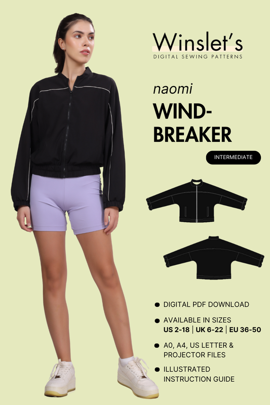 Windbreaker Sewing Pattern 'Naomi' from Winslet's, a beginner-friendly digital PDF pattern available in US 2-18, UK 6-22, EU 36-50. Includes A0, A4, Letter, and Projector files.