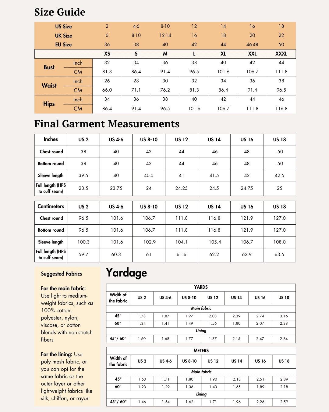Size guide chart for Naomi windbreaker sewing pattern, includes bust, waist, hips, and garment measurements in inches and centimeters